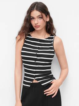 Cider - Striped Women's Round Neck Split Tank Pant Set Black