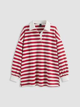 Cider - Striped Contrast Collar Women's Oversized Sweatshirt Red