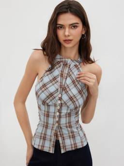 Cider - Plaid Women's Ruched Split Halter Neck Top Light Blue