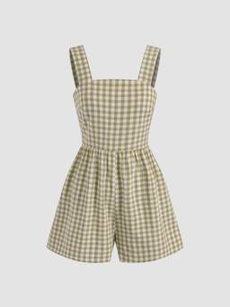 Cider - Cotton Blend Women’s Square Neck Gingham Bow Romper Olive
