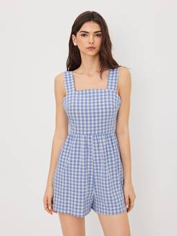 Cider - Cotton Blend Women's Gingham Checks Square Neck Playsuit Blue