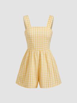 Cider - Cotton Blend Women Square Neck Gingham Bow Playsuit Yellow