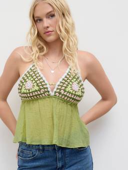 Cider - Crochet Beaded Women’s Halter Neck Crop Top Matcha Green