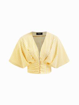 Cider - Cotton-Blend Women’s V-Neck Striped Ruched Dolman Shirt Yellow