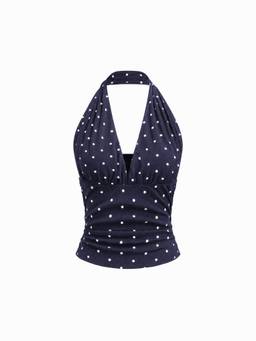 Cider - Cotton Blend Women’s Halter Cowl Neck Ruched Top Navy Blue
