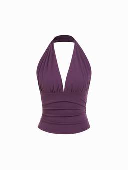 Cider - Cotton Blend Women's Halter Cowl Neck Ruched Top Purple