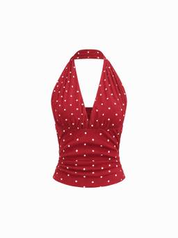 Cider - Cotton Blend Women’s Halter Cowl Neck Ruched Top Red