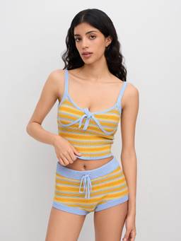 Cider - Knit Stripe Women's Bowknot Sleeveless Crop Tank Top Yellow