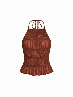 Cider - Chiffon Women's Ruched Halter Neck Backless Crop Top Brown