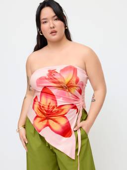 Cider - Floral Graphic Women's Drawstring Asymmetrical Bandeau Crop Top Yellow
