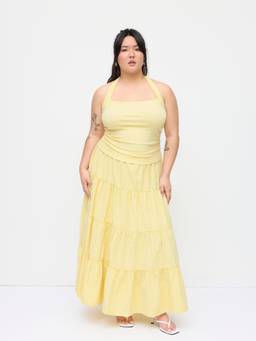 Cider - Cotton Blend Women’s Mid-Rise Striped Tiered Maxi Skirt Yellow