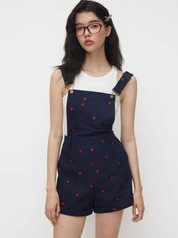 Cider - Cotton Blend Women's Heart Embroidery Square Neck Playsuit Navy Blue