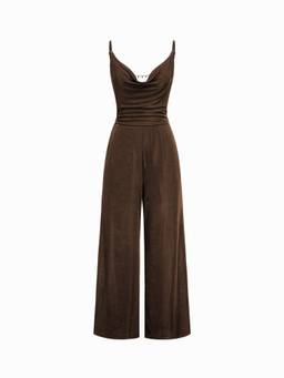 Cider - Metal Chain Women's Backless Ruched Wide-Leg Jumpsuit Coffee