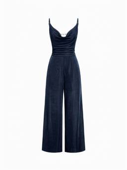 Cider - Metal Chain Women's Cowl Neck Ruched Wide-Leg Jumpsuit Navy Blue