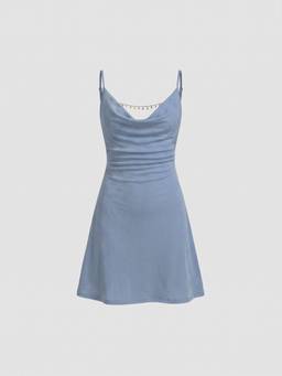 Cider - Cowl Neck Women's Backless Chain Ruched Cami Mini Dress Blue