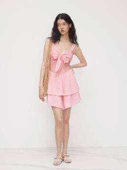 Cider - Jacquard Women's Scoop Neck Bowknot Playsuit Pink