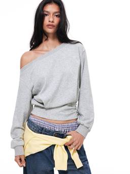 Cider - Cotton Blend Women's Asymmetrical Ruched Cinched Sweatshirt Grey