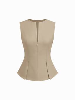 Cider - Pleated Women's Half Zip Blouse Khaki