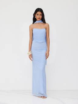 Cider - Mesh Women's Ruched Halter Neck Skirt Set Blue
