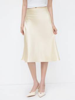 Cider - Satin Bias Cut Women Solid Midi Skirt Beige