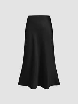 Cider - Satin Ruffle Women's Bias Cut Midi Skirt Black