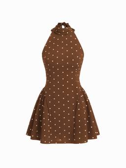 Cider - Polka Dot Women's Halter Neck Backless Ruffle Mini Dress Brown