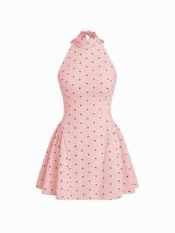 Cider - Women's Polka Dot Halter Neck Backless Ruffle Mini Dress Pink
