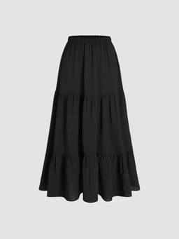 Cider - Mid Rise Women's Elastic Waist Tiered Ruffle Hem Maxi Skirt Black
