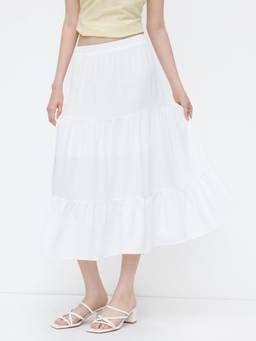 Cider - Mid Rise Women's Elastic Waist Tiered Ruffle Hem Maxi Skirt White