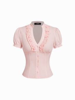Cider - Cotton Blend Women's V-Neck Lettuce Trim Blouse Pink