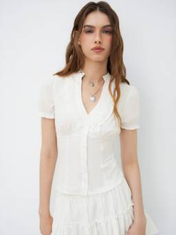 Cider - Cotton Blend Women V-Neck Lettuce Trim Blouse White
