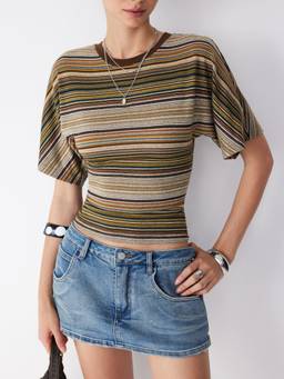 Cider - Striped Women's Regular Fit Round Neck T-Shirt Olive