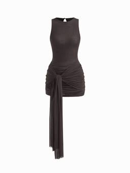 Cider - Mesh Draped Women's Ruched Knotted Bodycon Mini Dress Brown