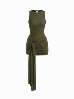 Cider - Mesh Draped Women's Ruched Knotted Bodycon Mini Dress Olive