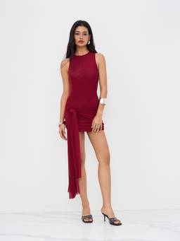 Cider - Mesh Draped Women's Ruched Knotted Bodycon Mini Dress Wine