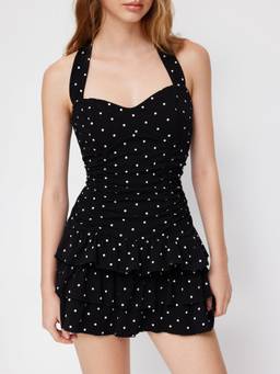 Cider - Cotton Blend Women’s Polka Dot Ruched Halter Mini Dress Black