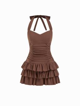 Cider - Cotton Blend Women Ruched Halter Neck Mini Dress Brown