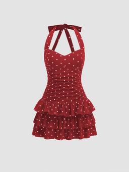 Cider - Cotton Blend Women Polka Dot Ruched Halter Neck Mini Dress Red