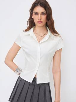 Cider - Cotton-Blend Women's Striped Polo Neck Short Sleeve Shirt White