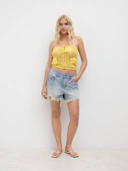 Cider - Knitted Crochet Women Floral Halter Neck Crop Top Yellow
