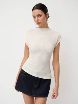 Cider - Textured Women High Neck Cap Sleeve Top Cream