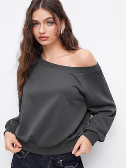 Cider - Terry Women's Oversized Fit Asymmetrical Neck Sweatshirt Dark Grey
