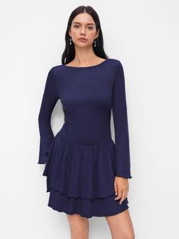 Cider - Women's Ruched Bell Sleeve Layered Mini Dress Navy Blue