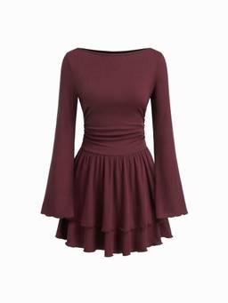 Cider - Ruched Ruffle Women's Boat Neck Bell Sleeve Mini Dress Wine
