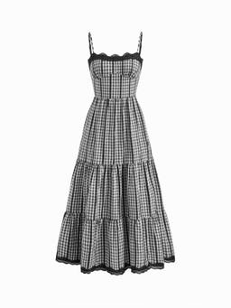 Cider - Gingham Lace Trim Women's Shirred Tiered Maxi Dress Black