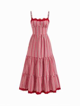 Cider - Gingham Lace Trim Women's Shirred Tiered Maxi Dress Red