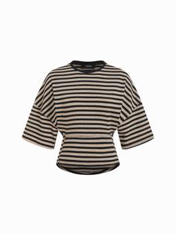 Cider - Cotton Blend Women Striped Cinched Waist Tee Black