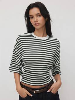 Cider - Cotton Blend Women Striped Cinched Waist Tee Black & White