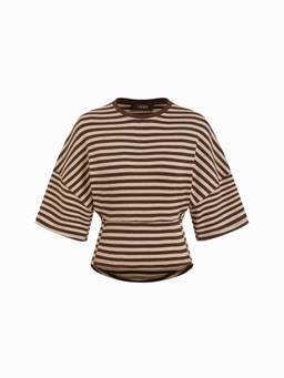 Cider - Cotton-Blend Women Striped Cinched Waist Tee Brown