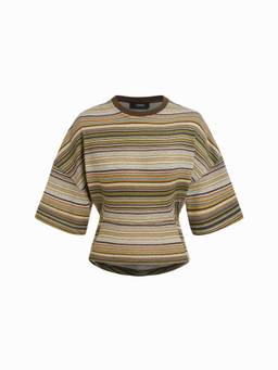 Cider - Cotton Blend Women Striped Round Neck Cinched Waist Top Brown